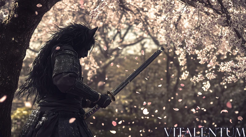 AI ART Lone Samurai with Sword under Sakura Tree