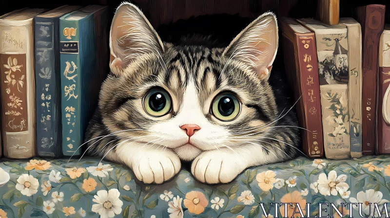 Curious Kitten Among Books AI Image