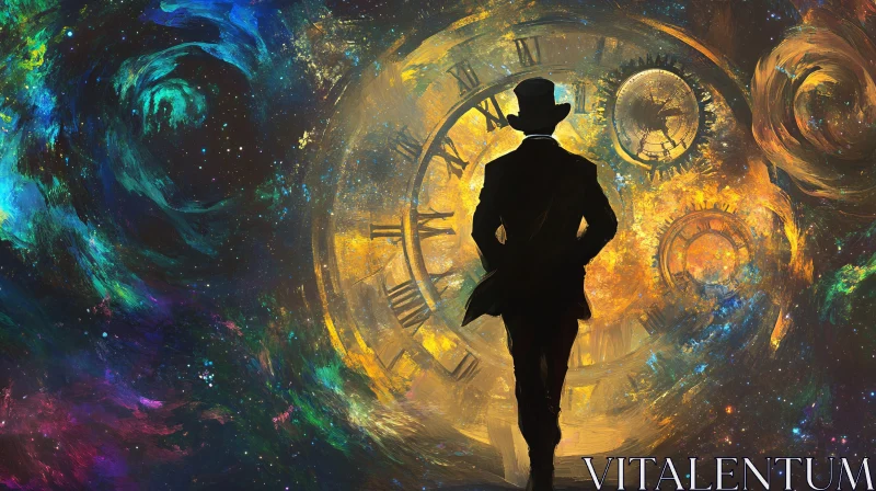 Silhouette Walking Towards Cosmic Clocks AI Image