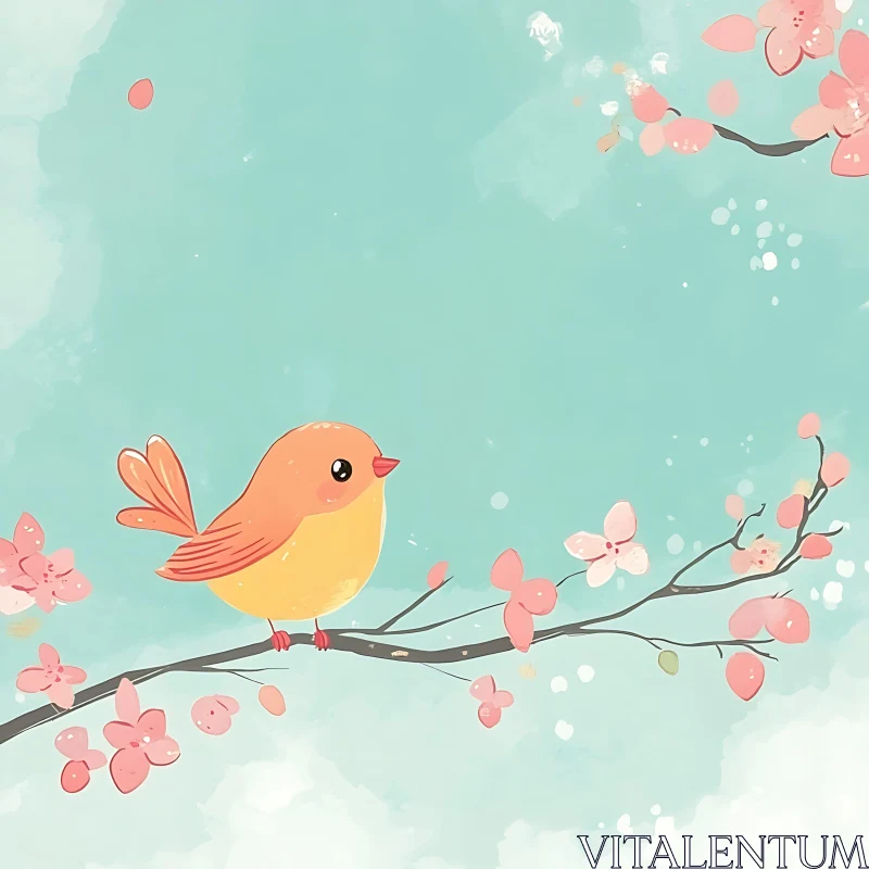 Pastel Bird and Floral Illustration AI Image