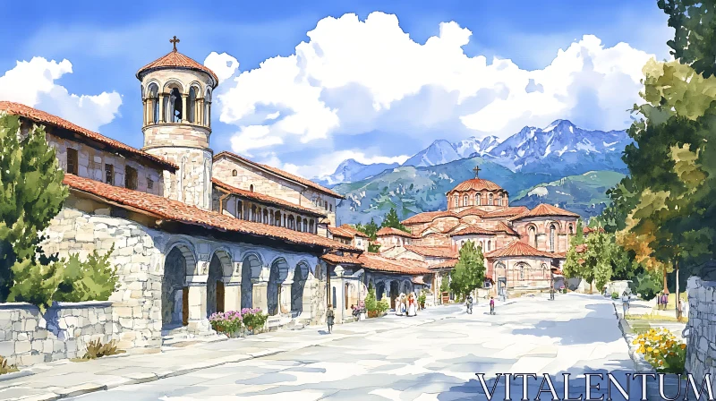 AI ART Watercolor Church with Mountain Backdrop