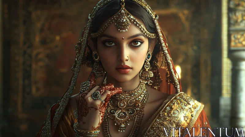 Portrait of Woman with Golden Adornments AI Image