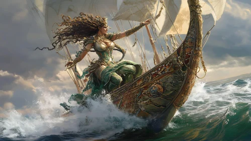 Fantasy Goddess Sailing a Ship