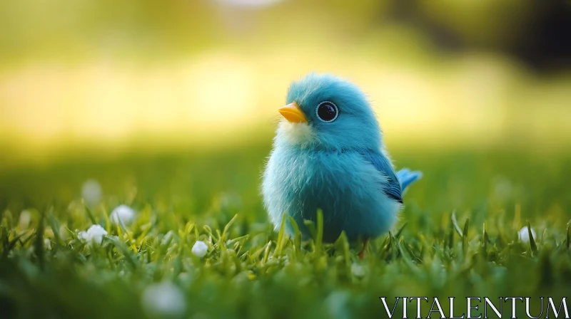 Tiny Blue Bird on a Sunny Meadow AI Image