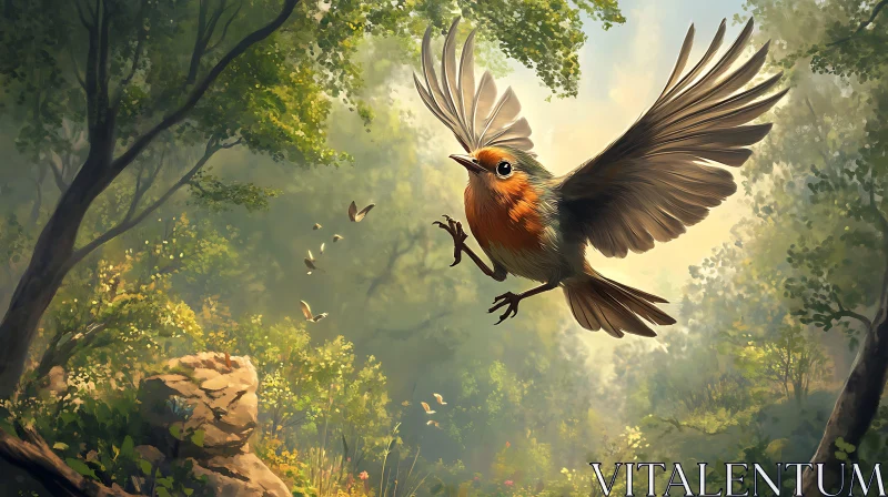 Forest Robin Taking Flight Art AI Image