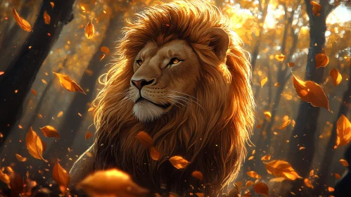 Regal Lion Among Falling Leaves