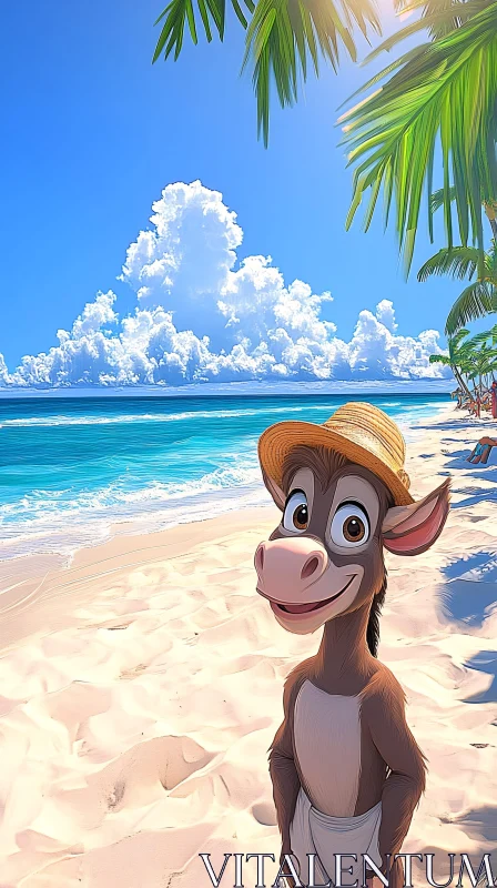 Playful Beach Scene with Cartoon Donkey AI Image