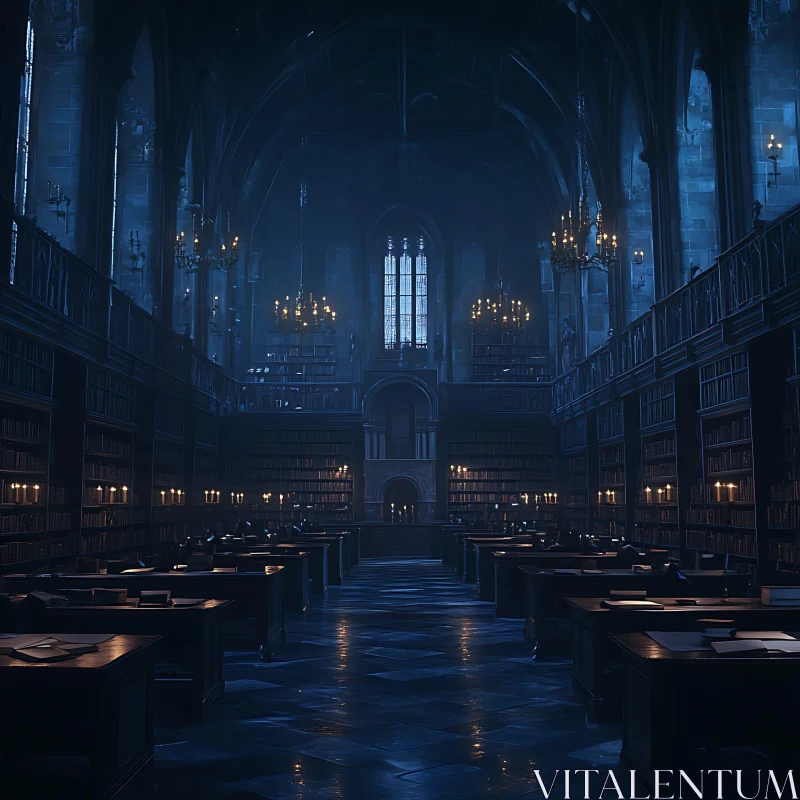 AI ART Grand Library Interior with Blue Light