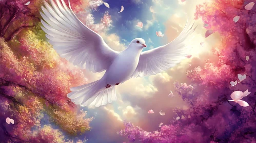 White Dove Soaring Among Pink Flowers
