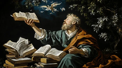 Man with Book and Birds Painting