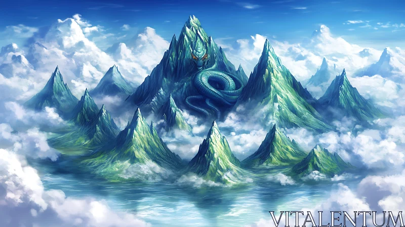 AI ART Serene Mountain Peaks with Dragon Guardian