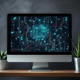 Illuminated Circuit Board on Modern Computer Monitor