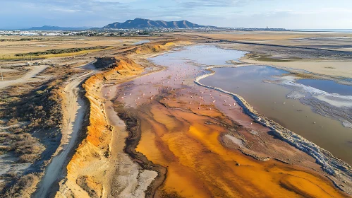 Aerial View of Vibrant Orange Salt Flats and Flamingos