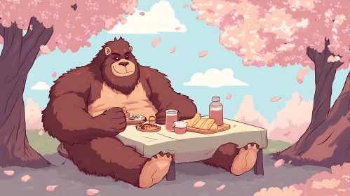 Cartoon Bear Enjoying Spring Picnic