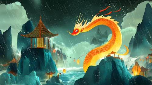 Asian Dragon and Pagoda Scene