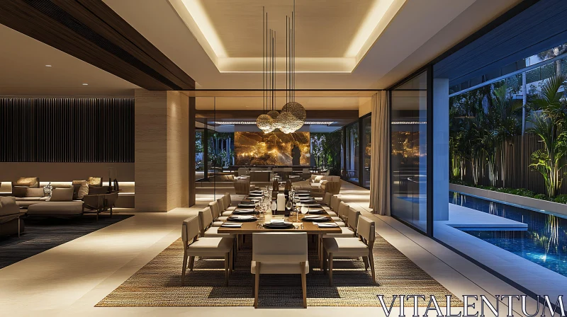 AI ART Luxurious Dining Room with Contemporary Poolside Design