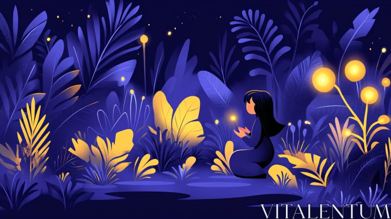 Girl with Glowing Plants Illustration AI Image