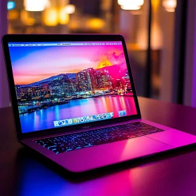 Sunset Cityscape on Modern Laptop Screen