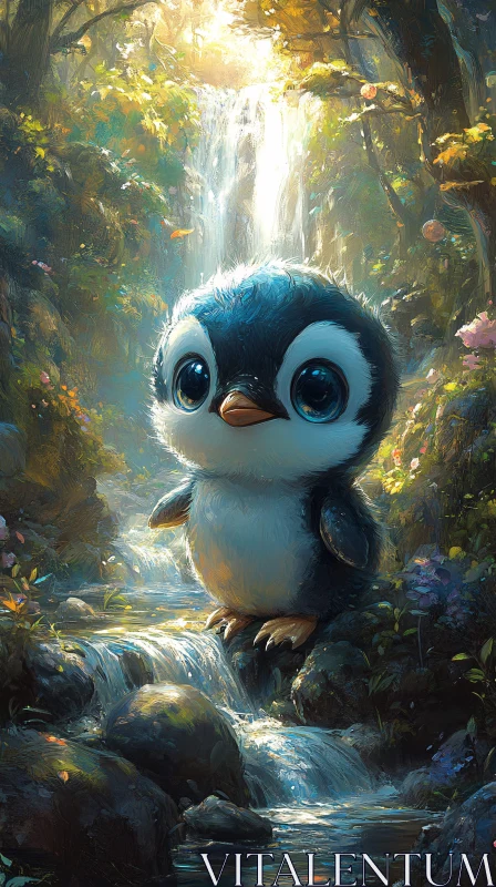 Cute Penguin in Magical Waterfall Forest AI Image