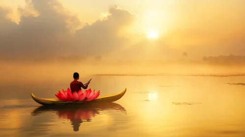 Golden Hour Serenity: Lotus Boat Journey