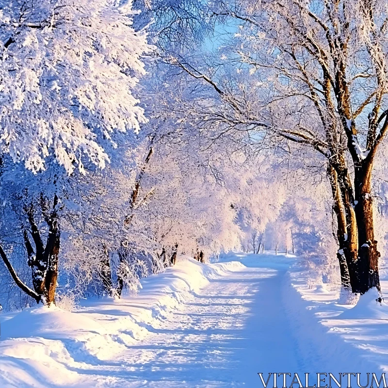 Serene Snow-Covered Path with Frosty Trees AI Image