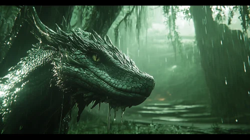 Green Dragon in Rainy Forest