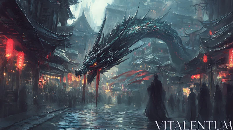 Eastern Dragon in Urban Landscape AI Image