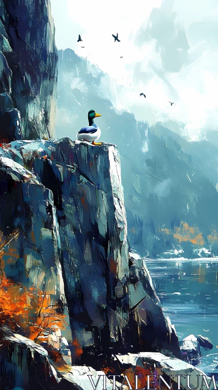 Solitary Duck on Mountainous Cliff AI Image