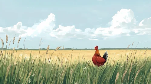 Rooster in a Vast Field