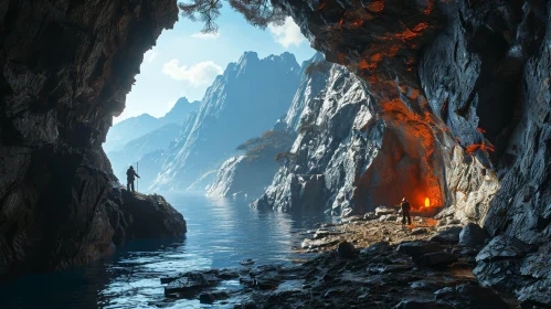 Enchanting Fjord Landscape with Mysterious Cave and Glowing Light