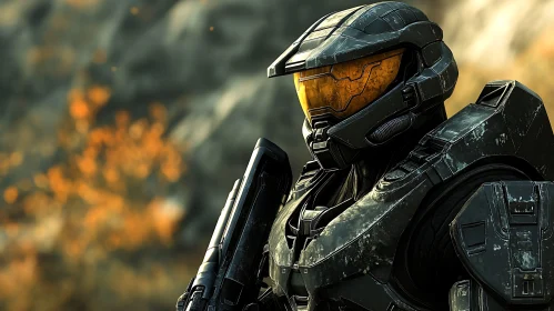 Armored Cyborg in Smoky Battlefield
