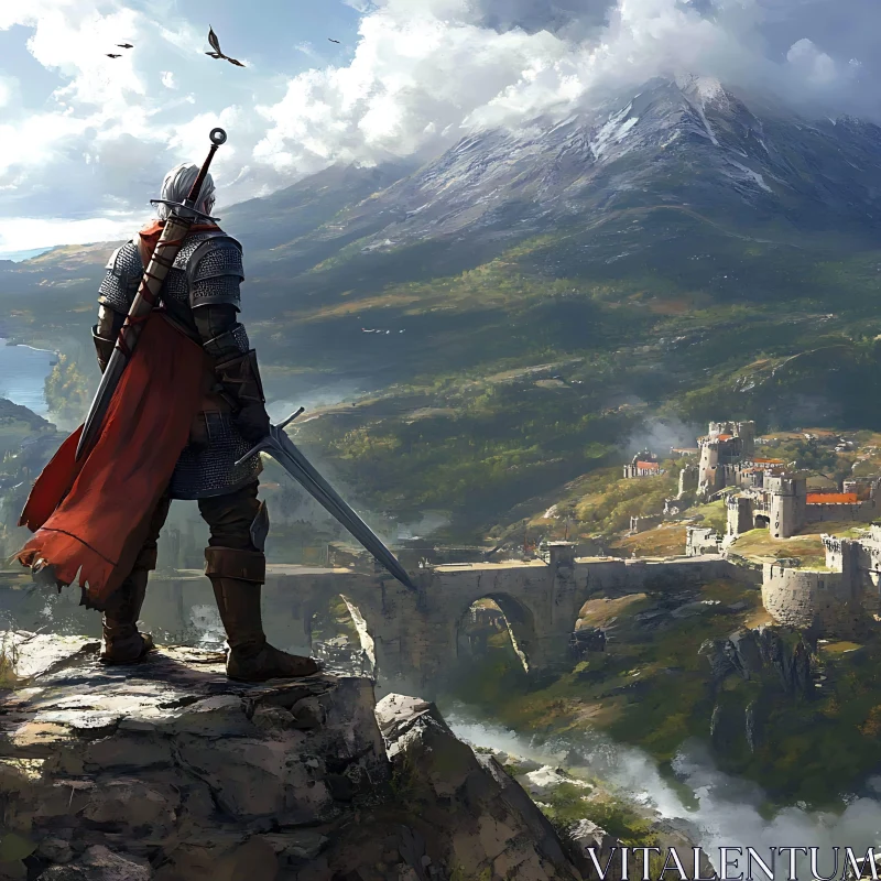 Lone Warrior Overlooking Ancient Fortress Artwork AI Image