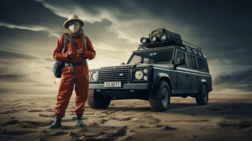Man with Respirator in Desert Next to Land Rover Concept
