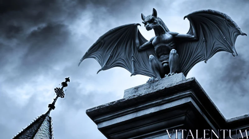 Mysterious Gargoyle Perched on Rooftop - Dark and Moody Photograph AI Image