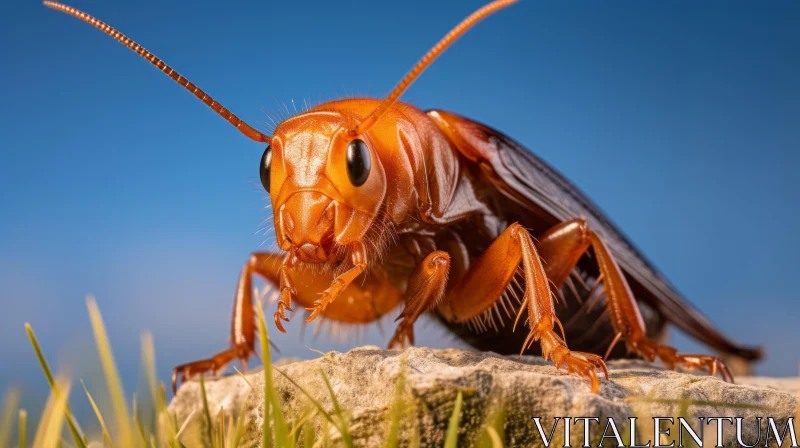 Orange Cockroach in Grass Against Blue Backdrop AI Image