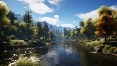 Romantic River Landscapes: Serene Wilderness with Trees and Rocks