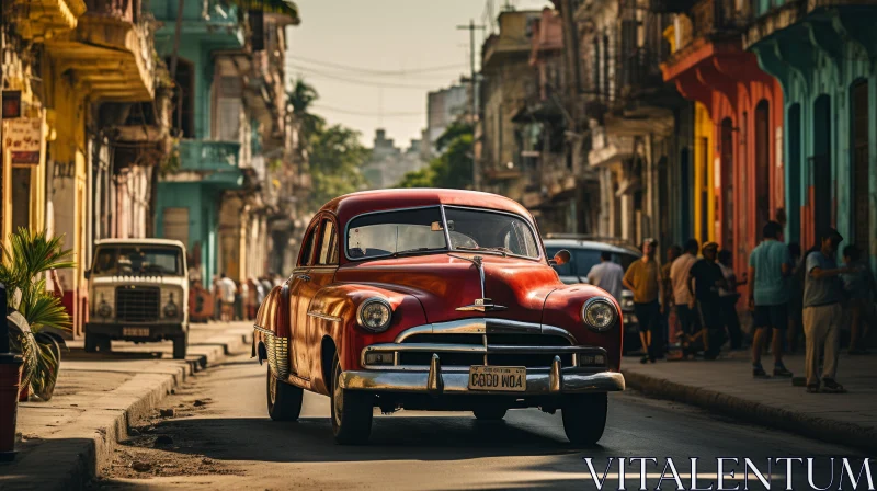 Vintage Red Car Cruising in Golden Light - Cuban City Street AI Image