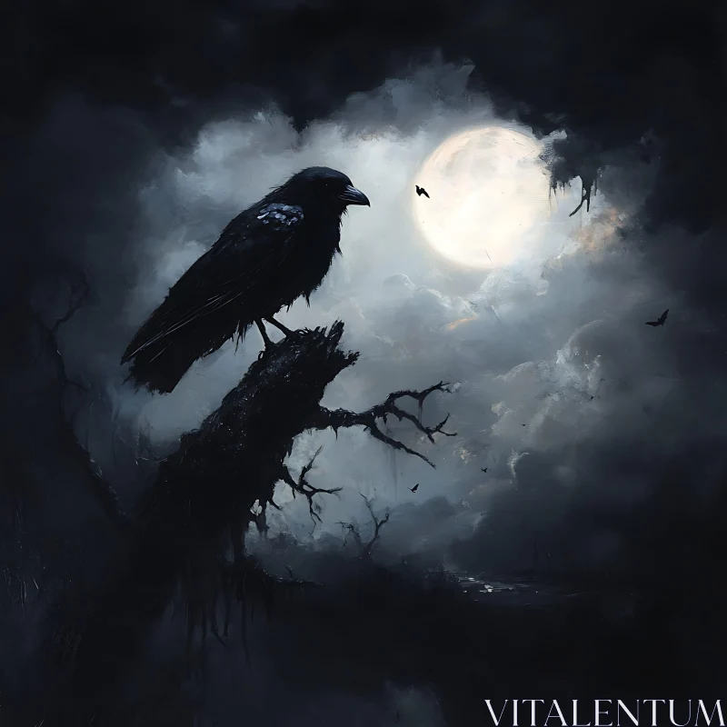 Moonlit Raven Perched on Branch AI Image