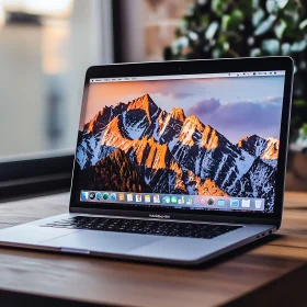 Laptop with Mountain Views Displayed on Desk