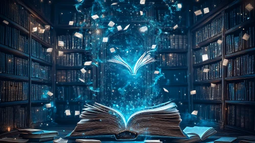 Enchanted Library Scene with Floating Pages