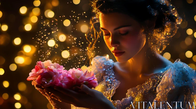 Woman Holding Flowers in Dreamy Light AI Image