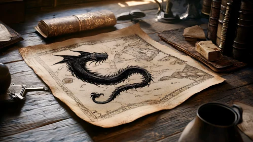 Antique Dragon Map on Wood Table