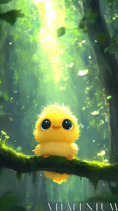 AI ART Cute Forest Chick on a Mossy Branch