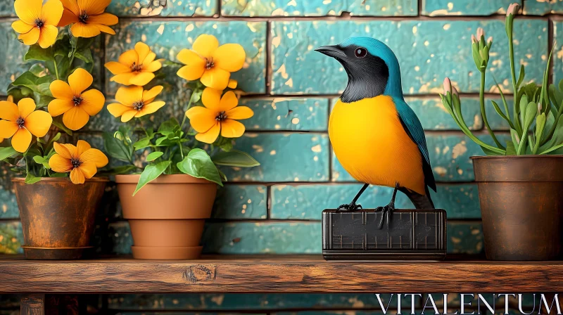 Blue and Yellow Bird with Orange Blossoms AI Image