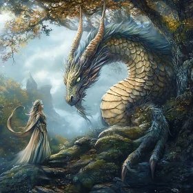 Mystical Dragon and Woman Meeting