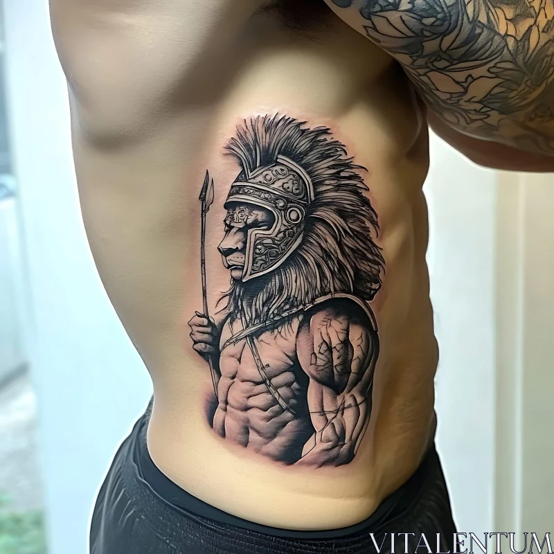 AI ART Monochrome Lion Warrior Tattoo Design