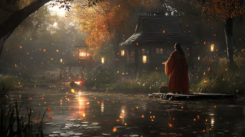 Lanterns and Reflections in Autumnal Landscape