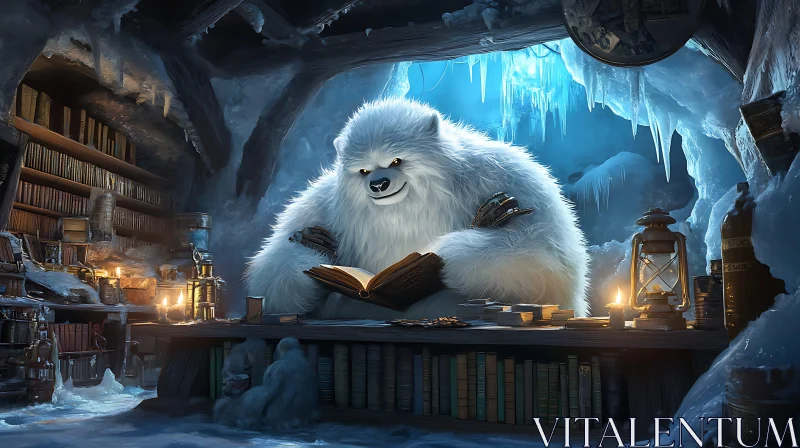 AI ART Abominable Snowman Reading in Ice Cave