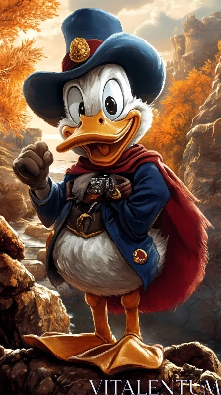 Duck Character in Blue and Red Attire AI Image