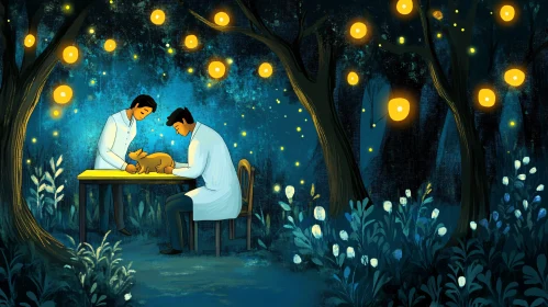 Serene Veterinary Scene in Enchanted Forest